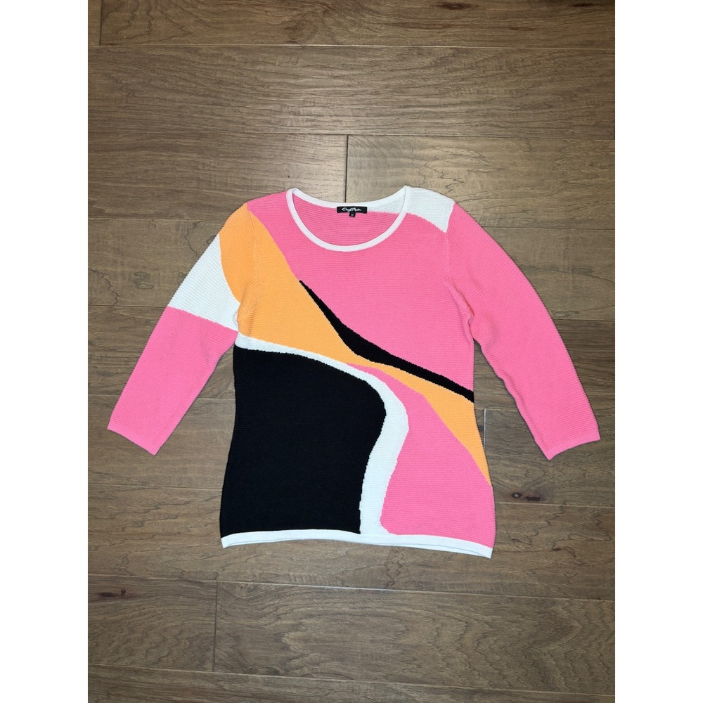 Vintage Cheryl Nash Pink Abstract Colorblock Cotton Ribbed Knit Sweater Womens M